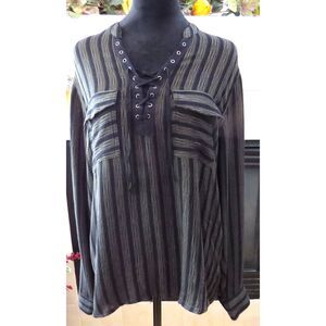 Rock & Republic Women's Green/Black Striped Lace Up Tunic L EUC